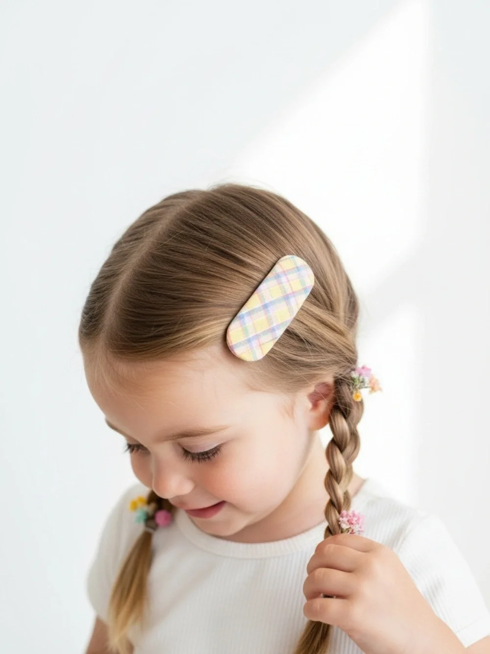 Handmade Pastel Plaid & Yellow Fabric Snap Hair Clips Set (2 Pc)
